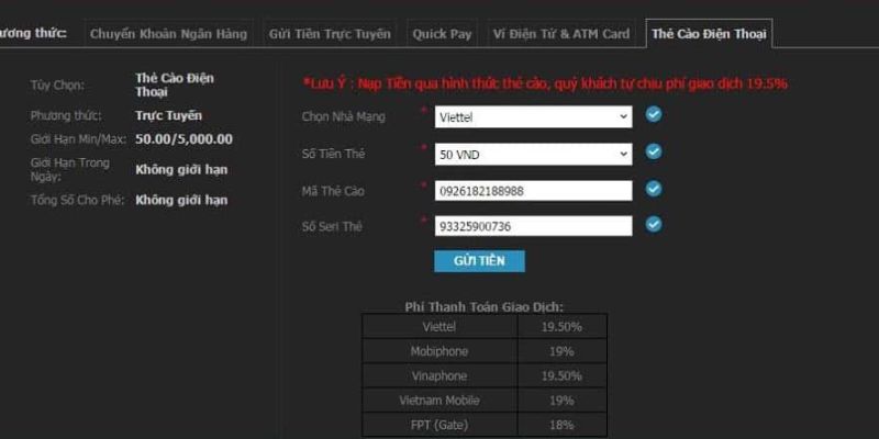 Có nhiều cách để cược thủ tiến hành nạp tiền